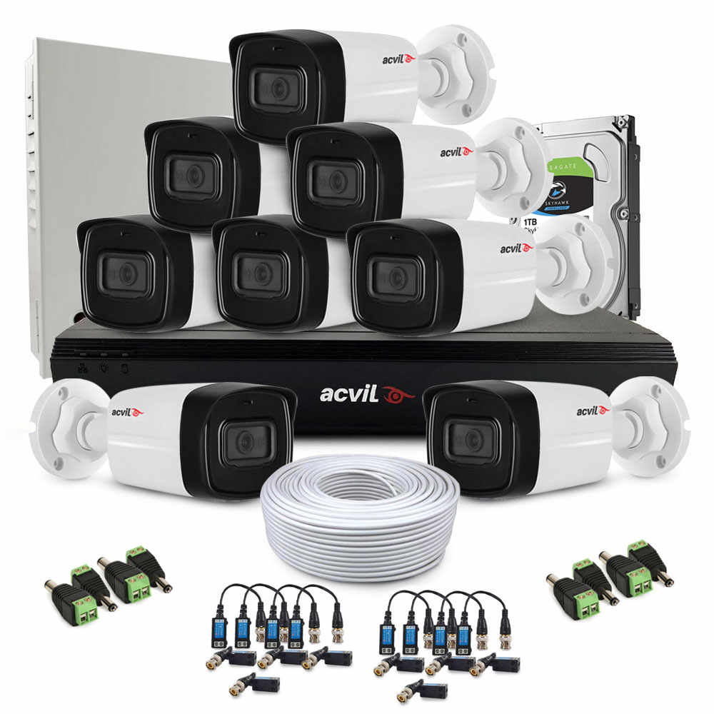 Sistem supraveghere exterior complet Acvil Pro ACV-C8EXT80-2MP-A-V2, 8 camere, 2 MP, IR 80 m, 3.6 mm, audio prin coaxial, microfon