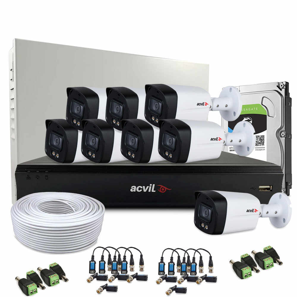Sistem supraveghere exterior complet Acvil Pro Full Color ACV-C8EXTFC40-5M, 8 camere, 5 MP, lumina alba 40 m, 3.6 mm, audio prin coaxial