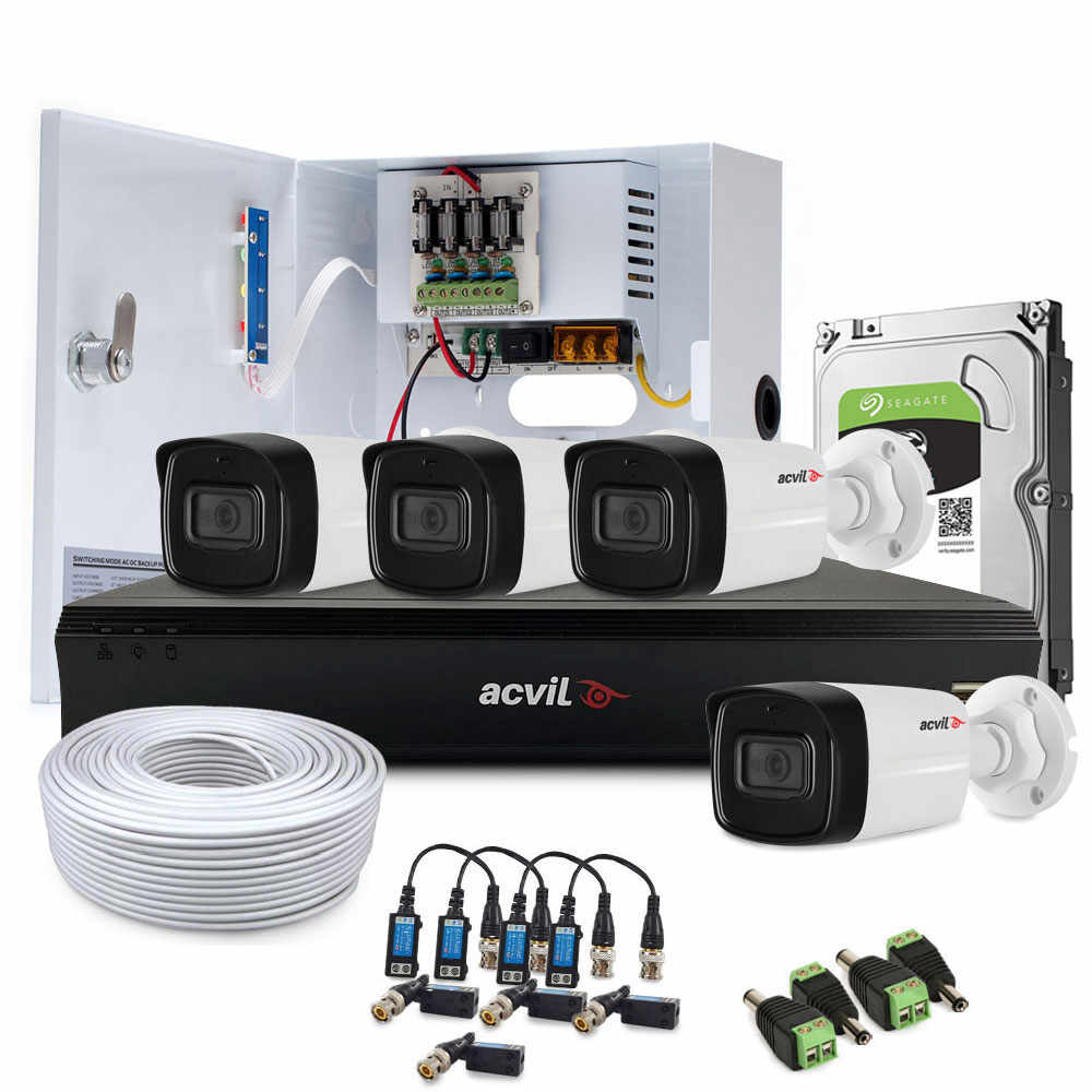 Sistem supraveghere exterior complet Acvil Pro Starlight ACV-C4EXT80-2MP-A, 4 camere, 2 MP, IR 80 m, 3.6 mm, POS, audio prin coaxial, microfon