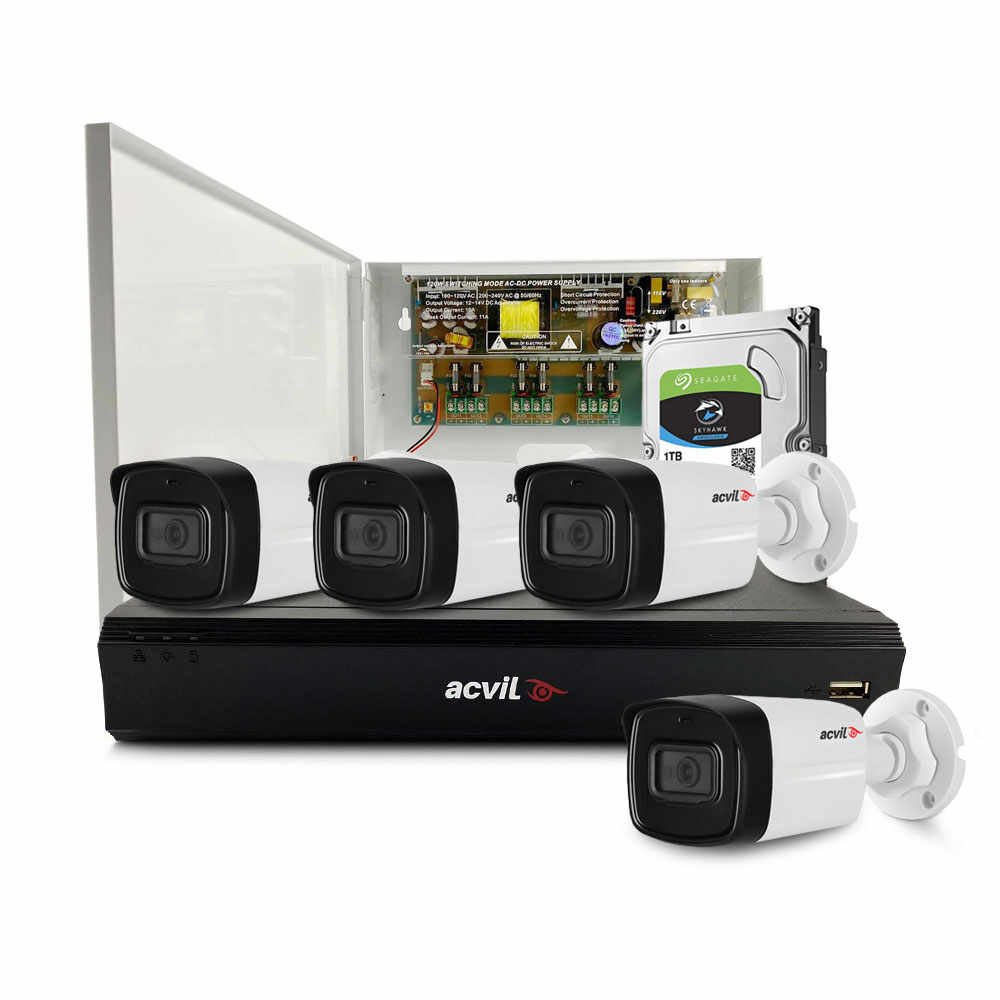 Sistem supraveghere exterior middle Acvil Pro ACV-M4EXT80-5M-A, 4 camere, 5 MP, IR 80 m, 3.6 mm, audio prin coaxial, PoS, microfon