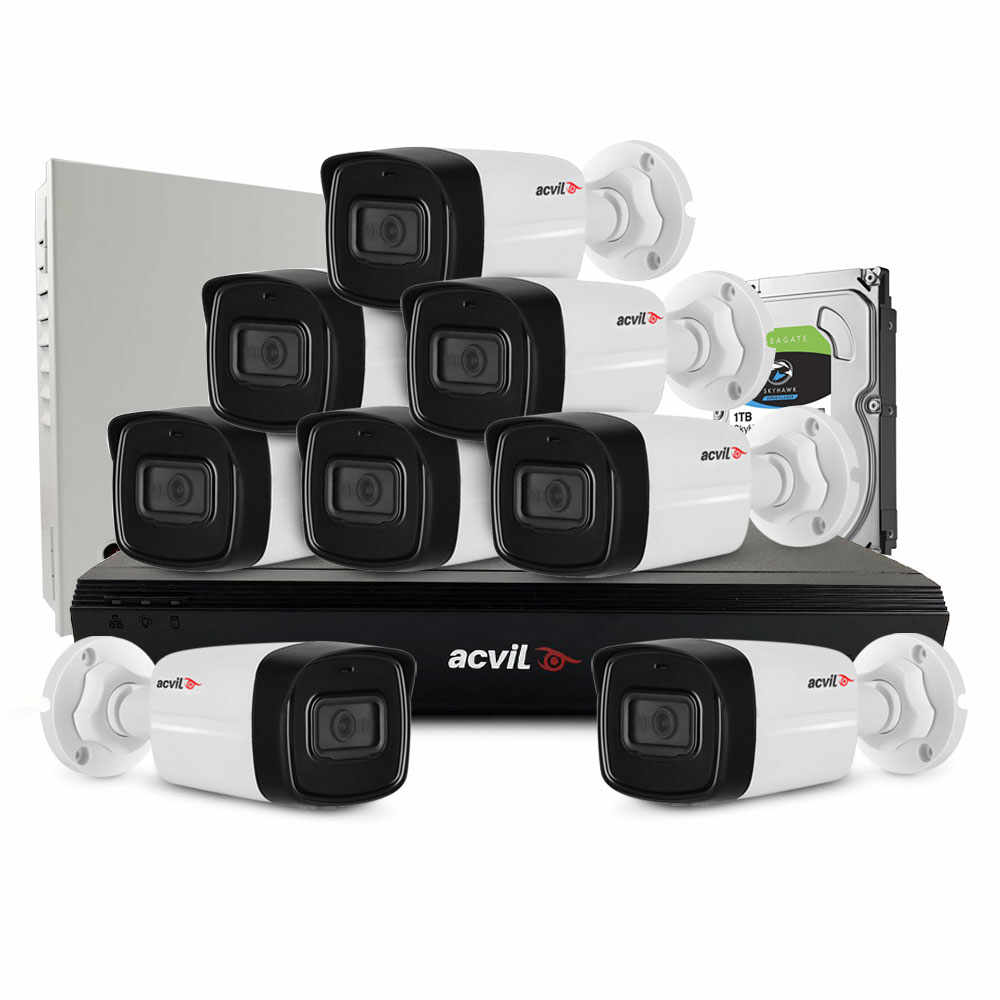Sistem supraveghere exterior middle Acvil Pro ACV-M8EXT80-2MP-A-V2, 8 camere, 2 MP, IR 80 m, 3.6 mm, audio prin coaxial, microfon