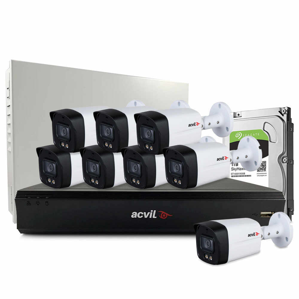 Sistem supraveghere exterior middle Acvil Pro Full Color ACV-M8EXTFC40-5M, 8 camere, 5 MP, lumina alba 40 m, 3.6 mm, audio prin coaxial, microfon