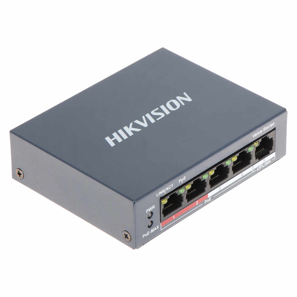Switch cu 4 port-uri PoE Hikvision DS-3E0105P-E/M, 1000 MAC, 1 Gbps, fara management