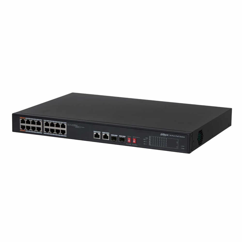 Switch cu 16 porturi PoE Dahua PFS3218-16ET-135, 8000 MAC, 7.2 Gbps, fara management, PoE Watchdog