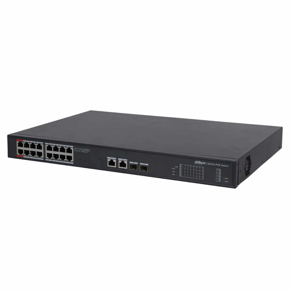 Switch cu 16 porturi PoE Dahua PFS3220-16GT-240, 8000 MAC, 52 Gbps, fara management, PoE