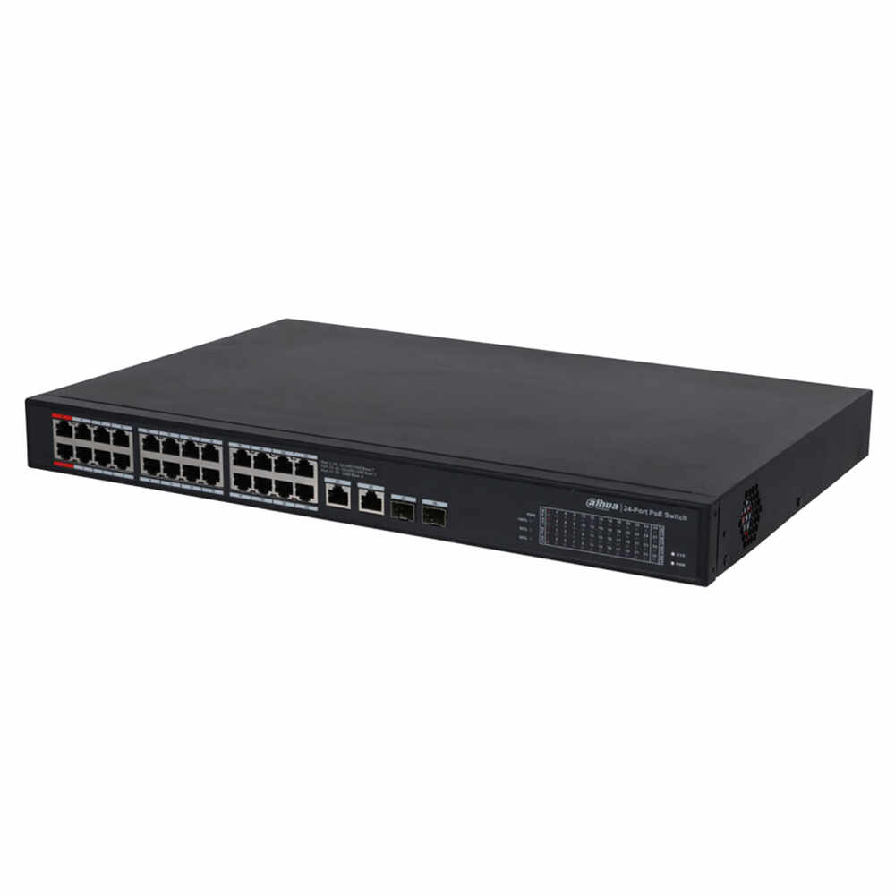 Switch cu 24 porturi PoE Dahua PFS3228-24GT-360, 8000 MAC, 52 Gbps, fara management, PoE