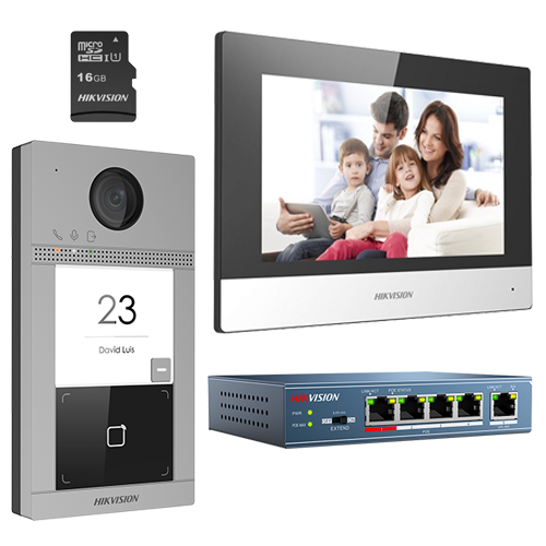 Kit videointerfon pentru familie HikVision DS-KIS604-S, Post exterior 2MP, Monitor 7 inch, Card memore 16 GB