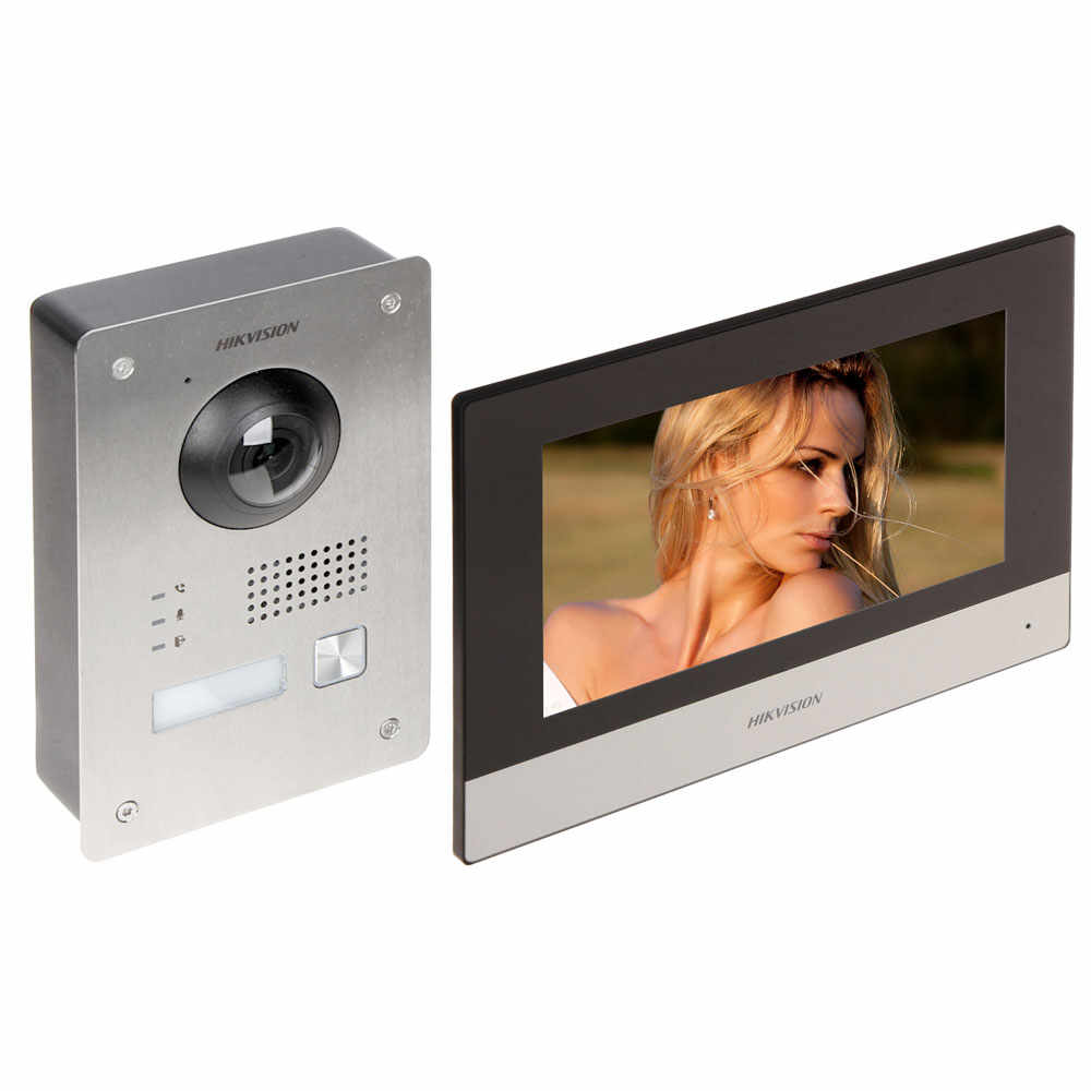 Kit videointerfon IP pe 2 fire Hikvision DS-KIS703-P-D, 1 familie, 2 MP, IR 3 m, 7 inch, aparent/ingropat