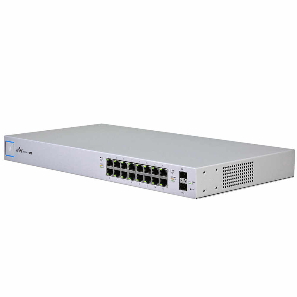 Switch cu 16 porturi PoE Gigabit Ubiquiti US-16-150W, 36 Gbps, 2 porturi SFP, PoE+/PoE pasiv