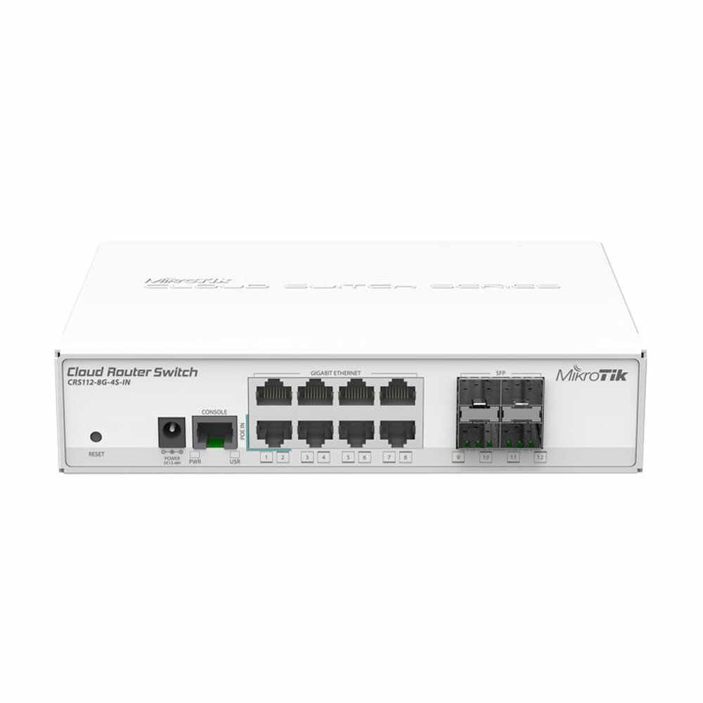 Switch cu 8 porturi Gigabit MikroTik Cloud Router CRS112-8G-4S-IN, cu management, 4 porturi SFP, PoE pasiv