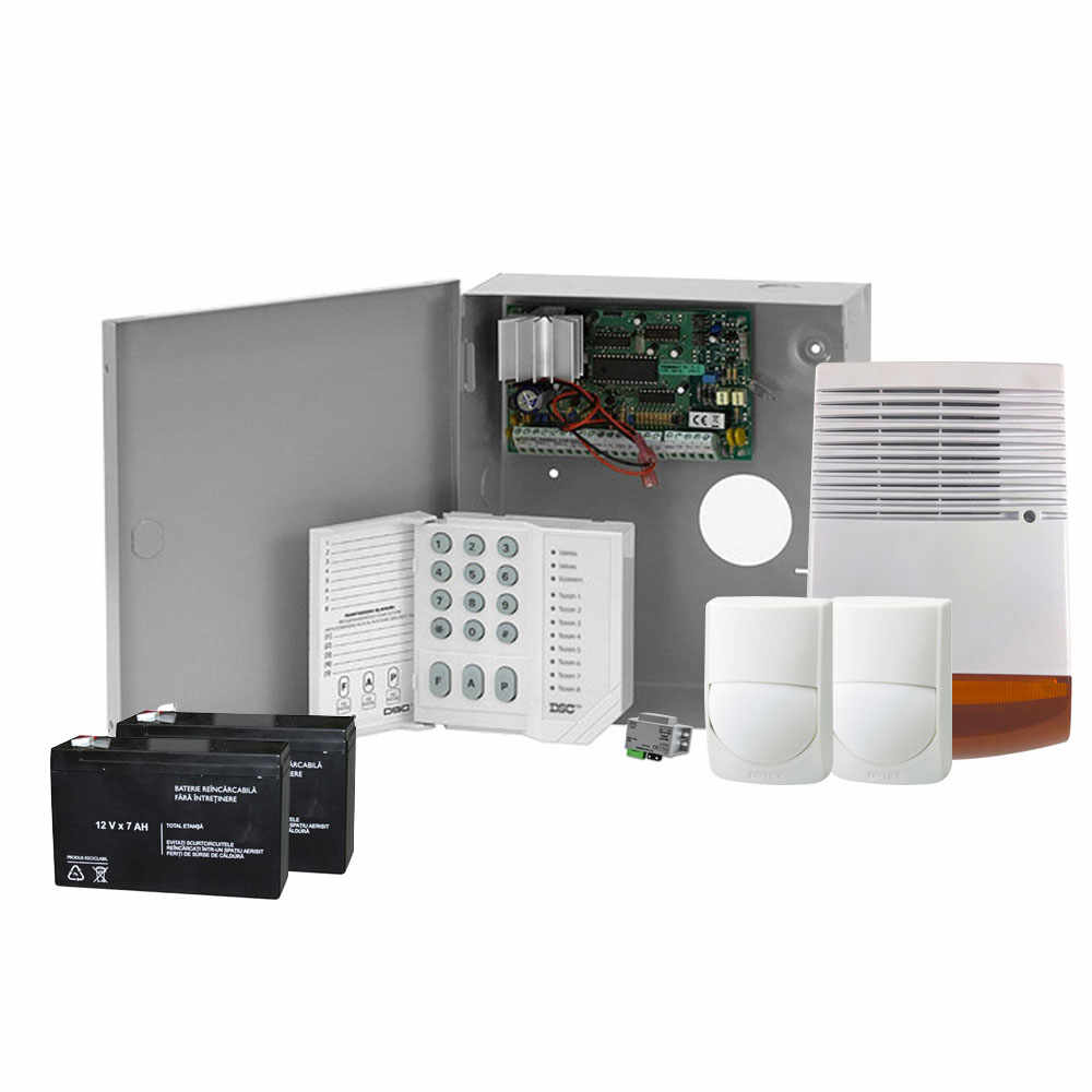 Sistem alarma antiefractie DSC KIT-ALARMA-1C-2D-1SE-2ACM-1TR, 1 partitie, 4-32 zone, 38 utilizatori