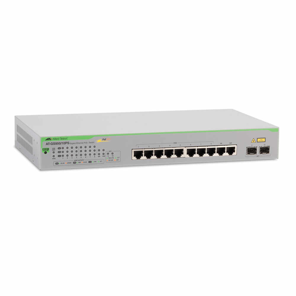 Switch cu 10 porturi Allied Telesis AT-GS950/10PS-50, 20 Gbps, 14.88 Mpps, 8.000 MAC, 2 porturi SFP, cu management