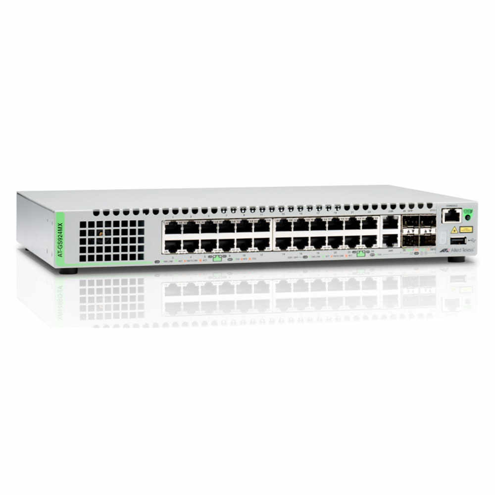 Switch cu 24 porturi Allied Telesis AT-GS924MX-50, 92 Gbps, 68.44 Mpps, 16.000 MAC, 2 porturi cupru SFP, 2 sloturi SFP/SFP+, cu management