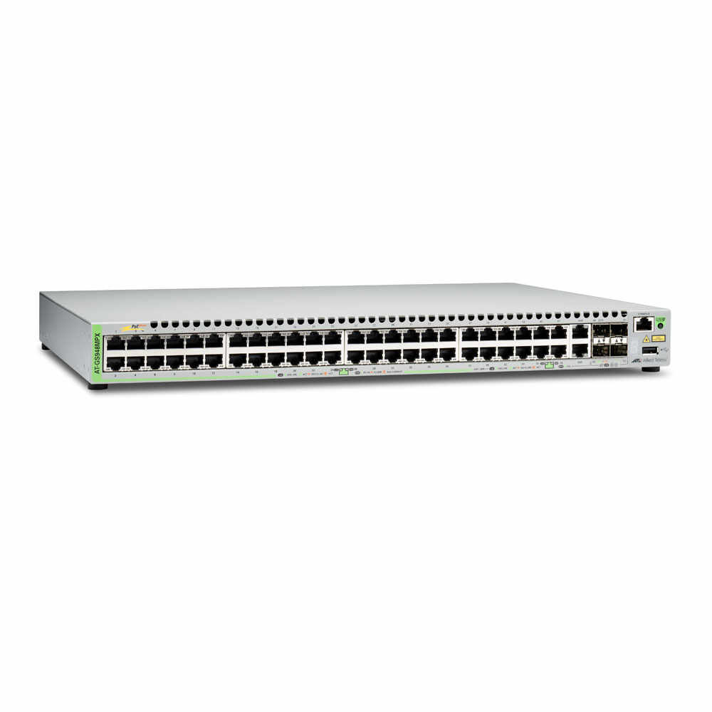 Switch cu 48 porturi Allied Telesis AT-GS948MPX-50, 140 Gbps, 104.16 Mpps, 16.000 MAC, 2 porturi SFP/Copper, 2 sloturi SFP/SFP+, cu management
