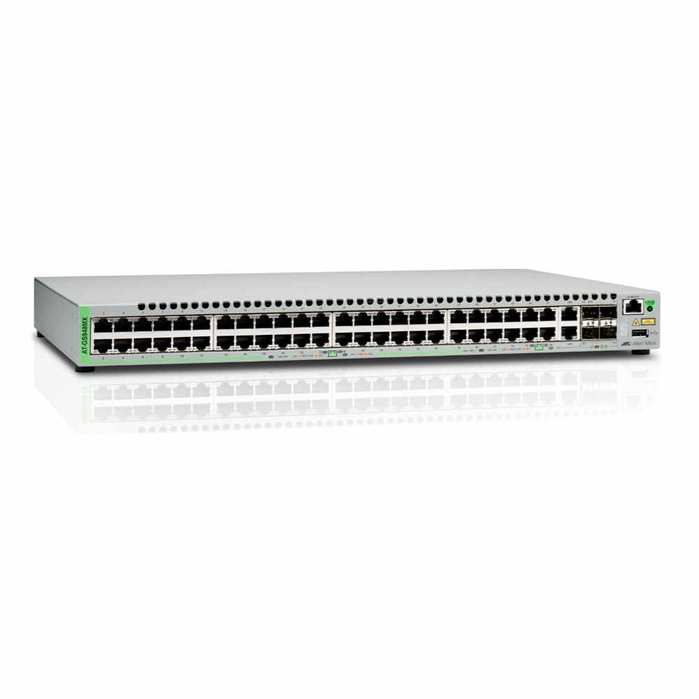 Switch cu 48 porturi Allied Telesis AT-GS948MX-50, 140 Gbps, 104.16 Mpps, 16.000 MAC, 2 porturi SFP/Copper, 2 sloturi SFP/SFP+, cu management
