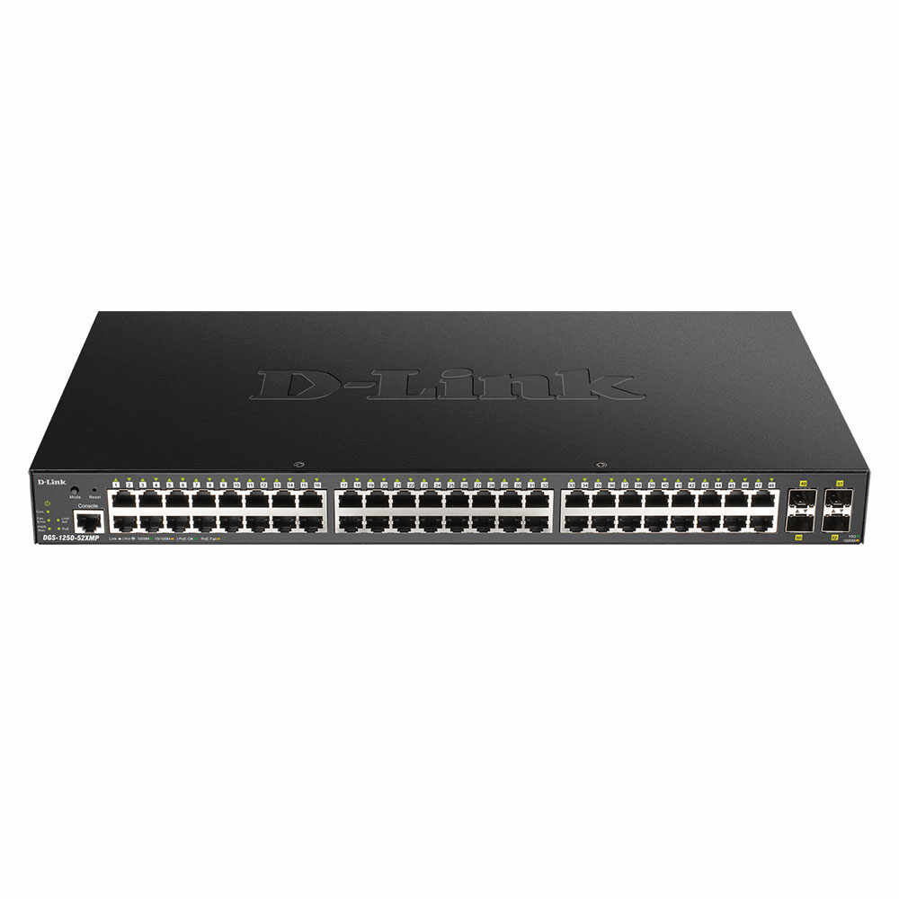 Switch cu 48 porturi D-Link DGS-1250-52XMP, 176 Gbps, 130.95 Mpps, 32.000 MAC, PoE, cu management