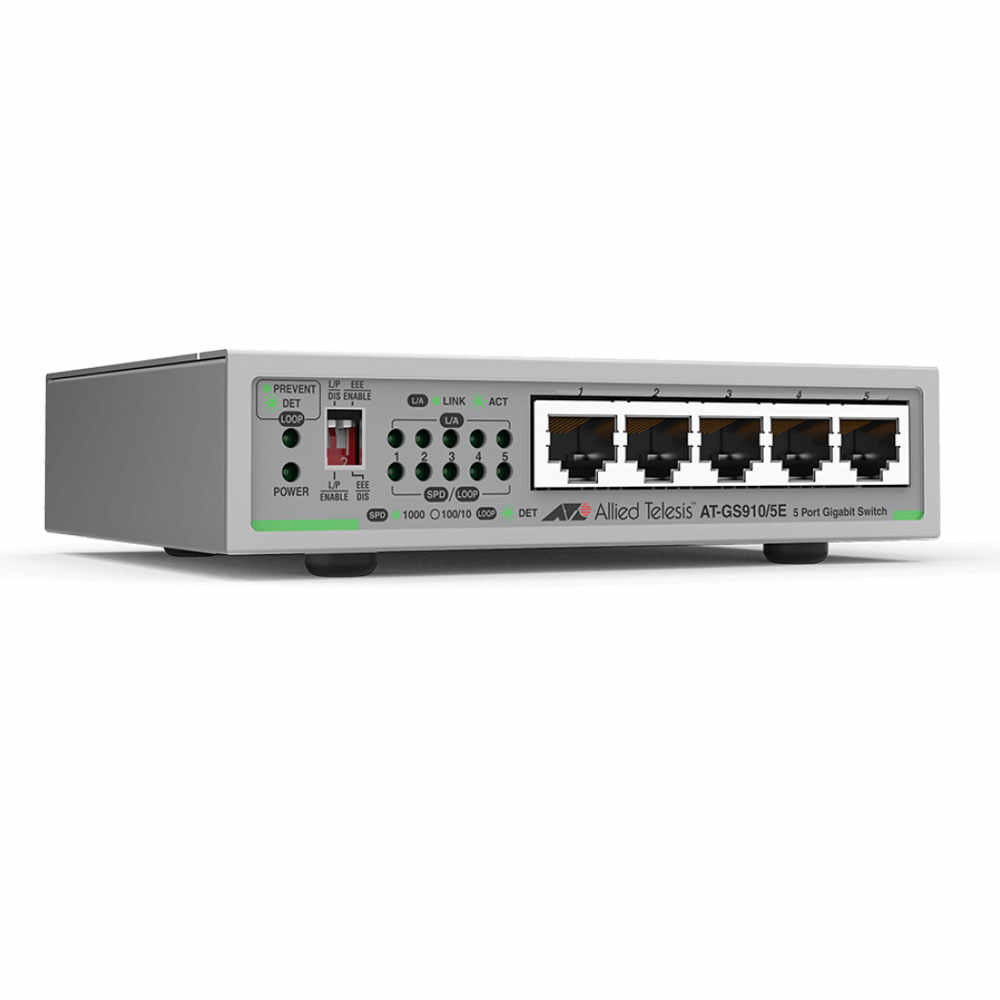 Switch cu 5 porturi Allied Telesis AT-GS910/5E-50, 10 Gbps, 7.4 Mpps, 2.000 MAC, fara management
