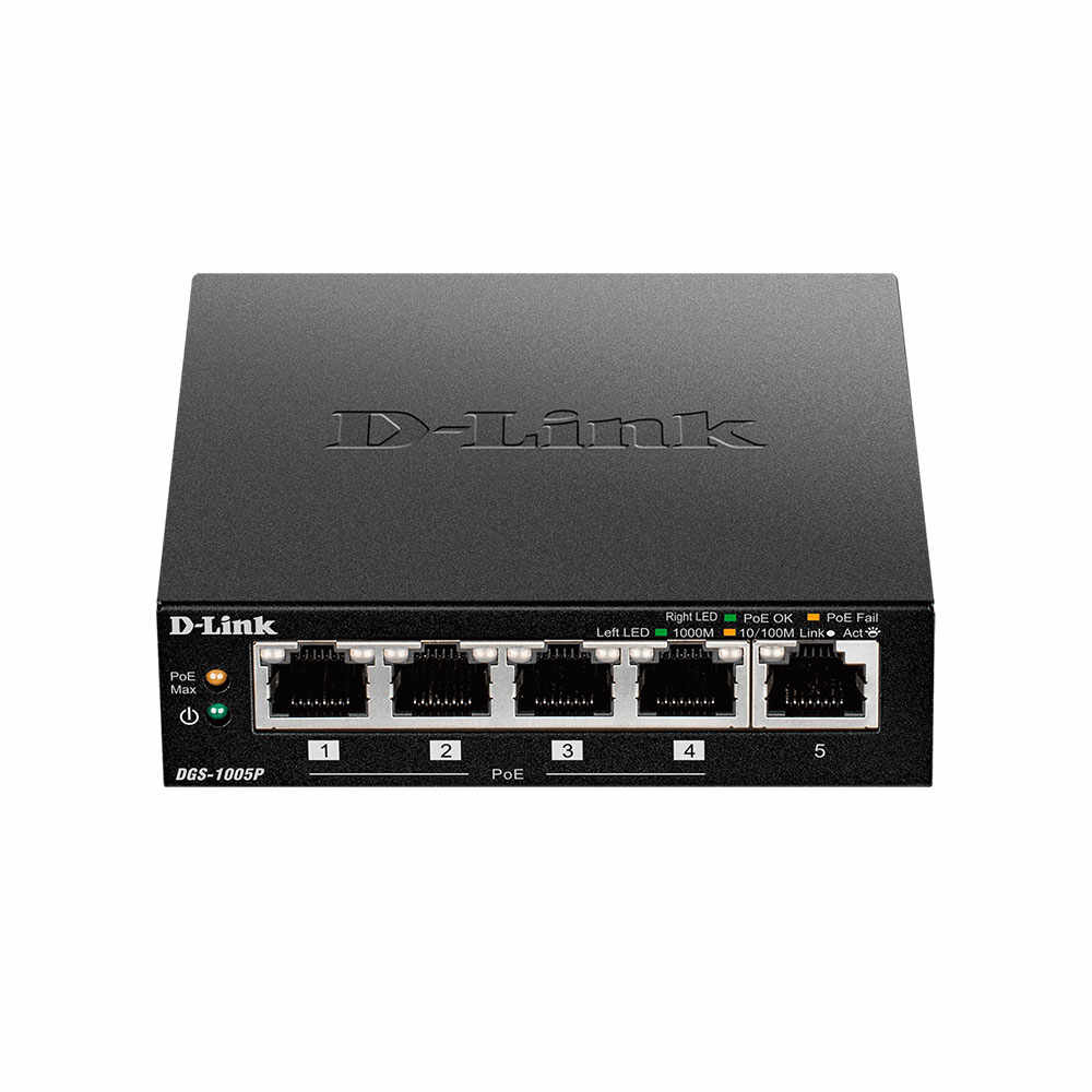 Switch cu 5 porturi D-Link DGS-1005P, 10 Gbps, 7.44 Mpps, 2.000 MAC, PoE, fara management