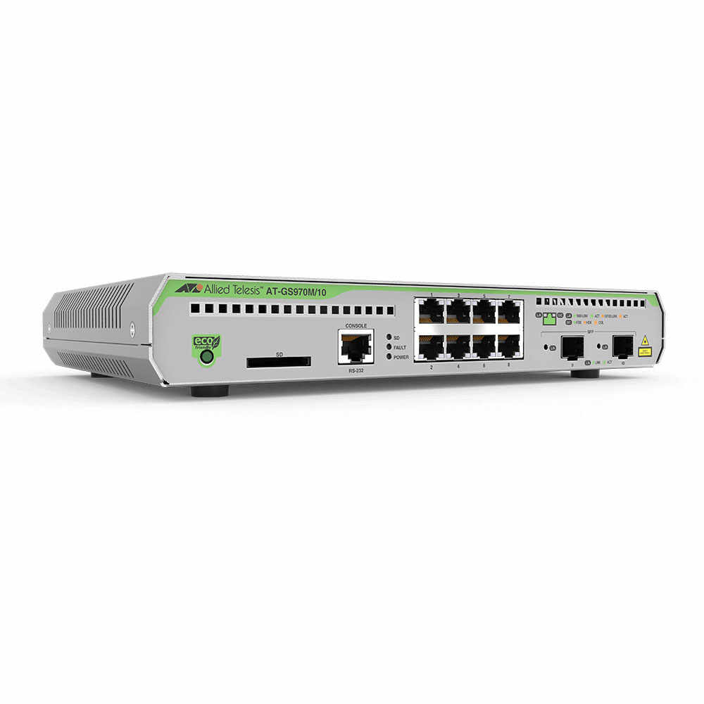 Switch cu 8 porturi Allied Telesis AT-GS970M/10-50, 20 Gbps, 14.9 Mpps, 16.000 MAC, 2 porturi SFP, 1U, PoE, cu management