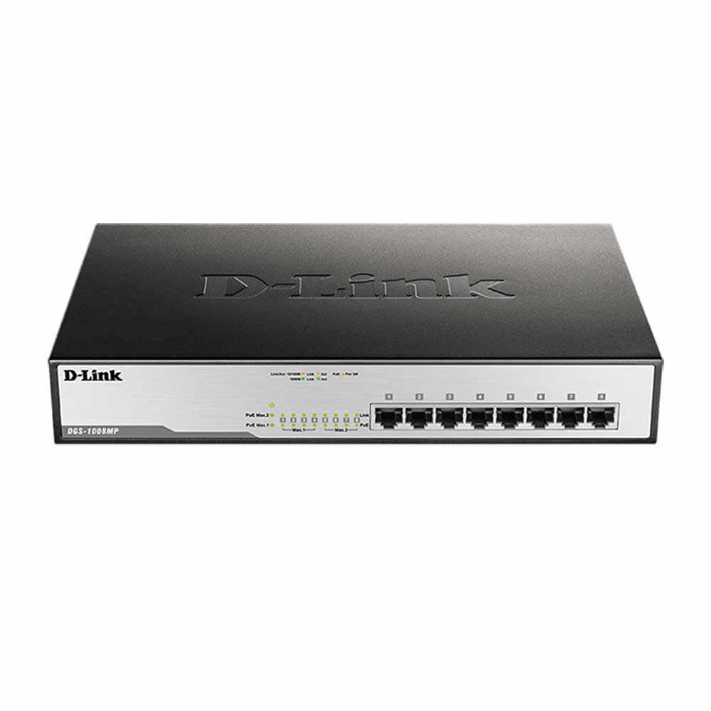 Switch cu 8 porturi D-Link DGS-1008MP, 16 Gbps, 8.000 MAC, 11.9 Mpps, 1U, PoE, fara management