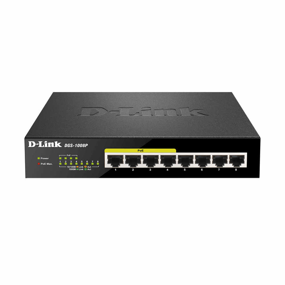 Switch cu 8 porturi D-Link DGS-1008P, 4 porturi PoE, 16 Gbps, 11.9 Mpps, 8.000 MAC, PoE, fara management