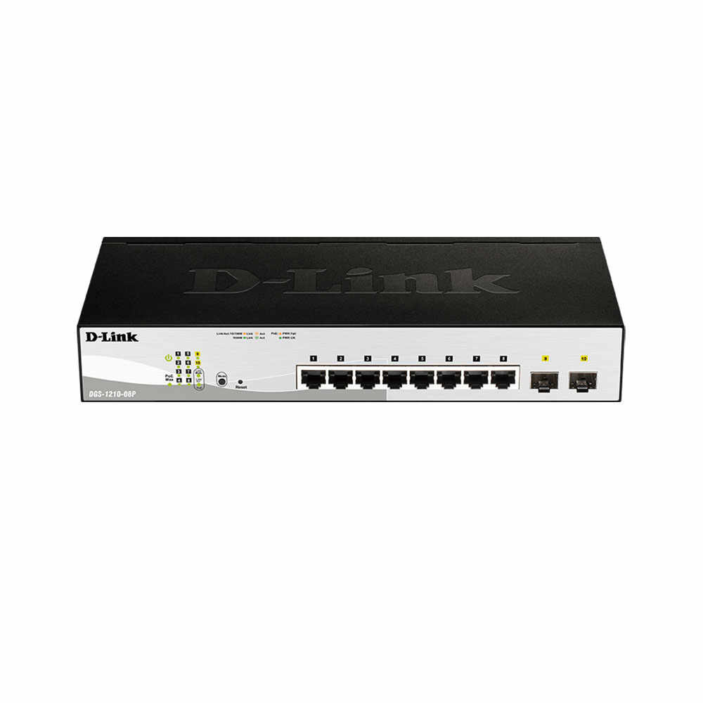 Switch cu 8 porturi D-Link DGS-1210-08P, 2 porturi SFP, 20 Gbps, 14.9 Mpps, 16.000 MAC, PoE, cu management