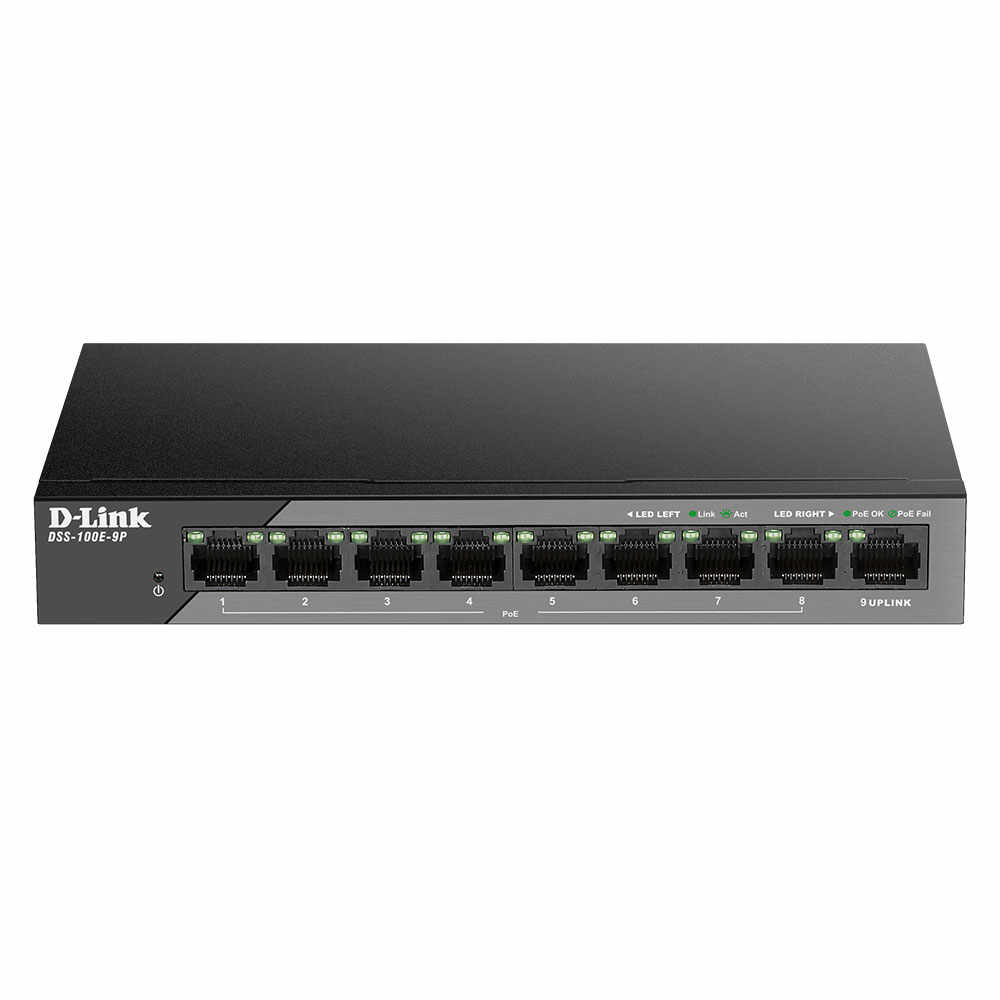 Switch cu 8 porturi D-Link DSS-100E-9P, 1 port SFP, 1.8 Gbps, 2.67 Mpps, 2.000 MAC, PoE, fara management