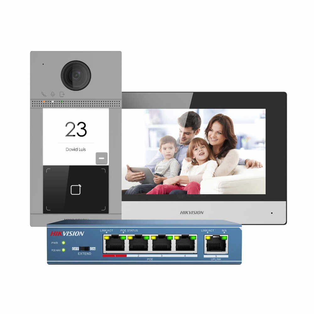 Kit videointerfon WiFi Hikvision DS-KIS604-S, 2 MP, 7 inch, Mifare, 2.4 GHz, 1 familie, aparent, PoE
