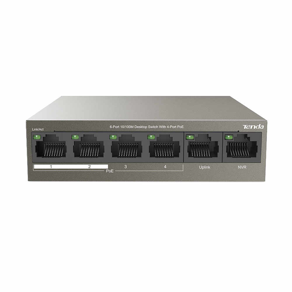 Switch cu 6 porturi Tenda TEF1106P-4-63W, 1.2 Gbps, 0.89 Mpps, 1000 MAC, PoE, fara management