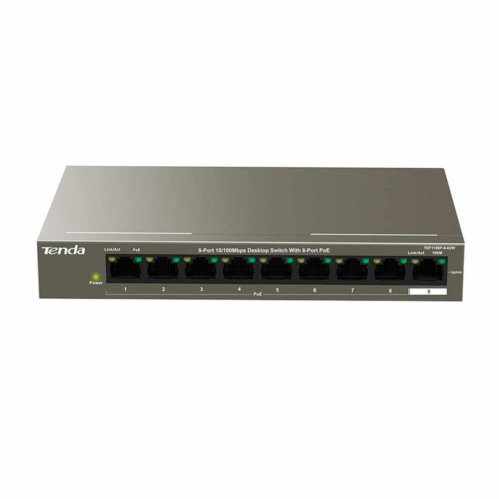 Switch cu 9 porturi Tenda TEF1109P-8-63W, 1.8 Gbps, 1.34 Mpps, 4000 MAC, PoE, fara management
