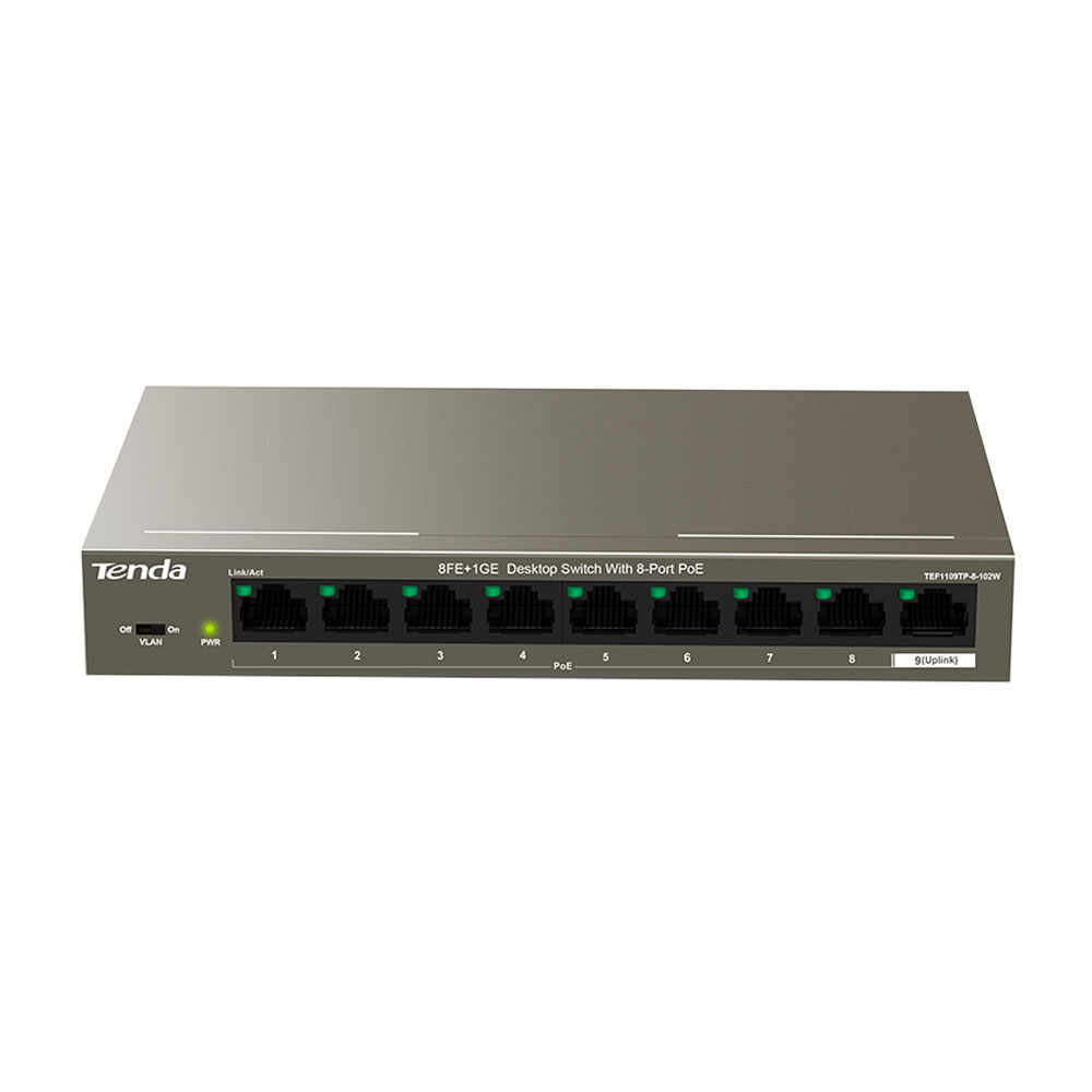 Switch cu 9 porturi Tenda TEF1109TP-8-102W, 2.6 Gbps, 1.34 Mpps, 2000 MAC, PoE, fara management