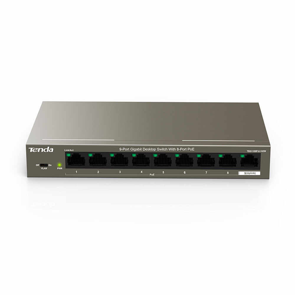 Switch cu 9 porturi Tenda TEG1109P-8-102W, 18 Gbps, 13.4 Mpps, 16000 MAC, PoE, fara management