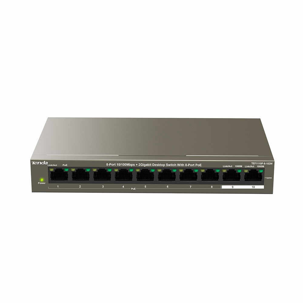 Switch cu 10 porturi Tenda TEF1110P-8-102W, 5.6 Gbps, 1.48 Mpps, 16.000 MAC, PoE, fara management