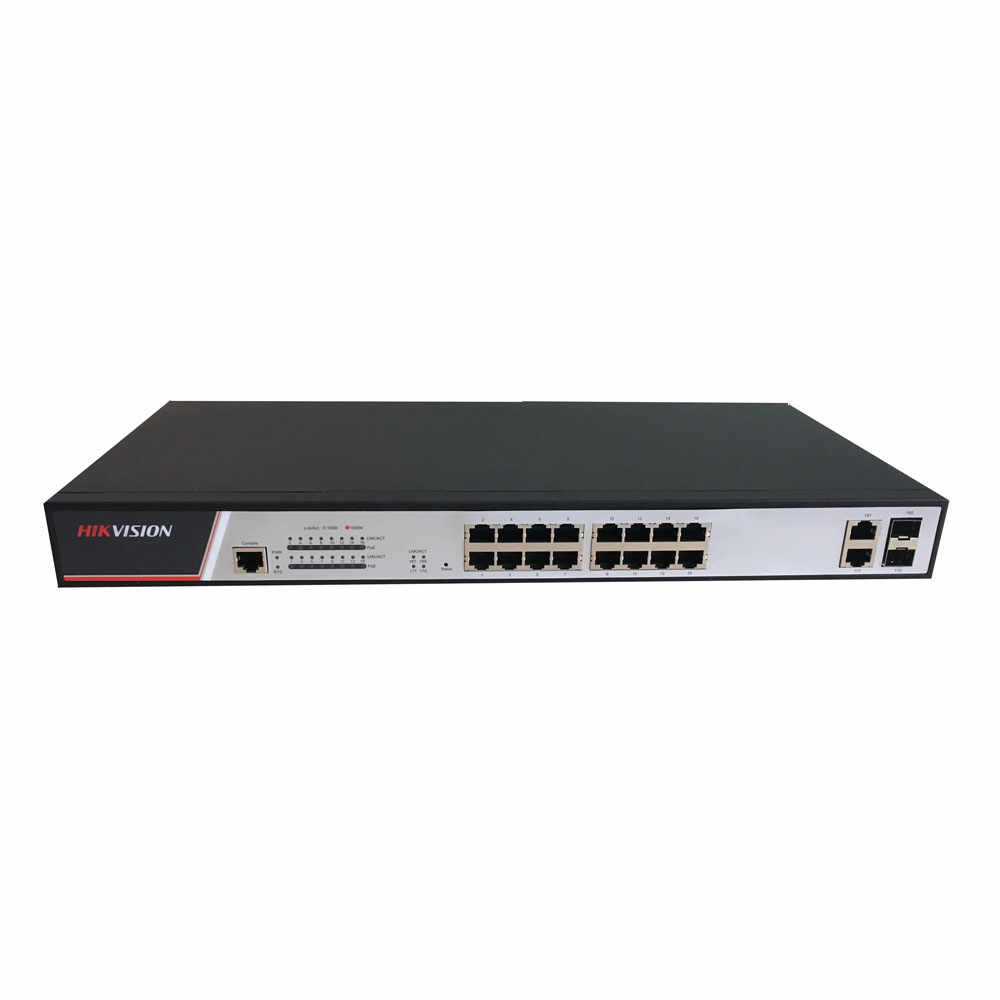 Switch cu 16 porturi Hikvision DS-3E2318P, 2 porturi Gigabit combo uplink, 21.2 Gbps, 8.4 Mpps, 8.000 MAC, PoE, cu management