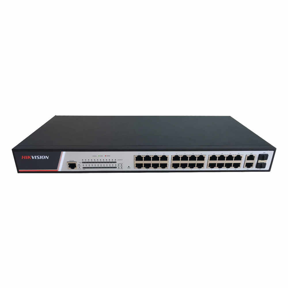 Switch cu 16 porturi Hikvision DS-3E2326P, 2 porturi Gigabit combo uplink, 21.2 Gbps, 8.4 Mpps, 8.000 MAC, PoE, cu management
