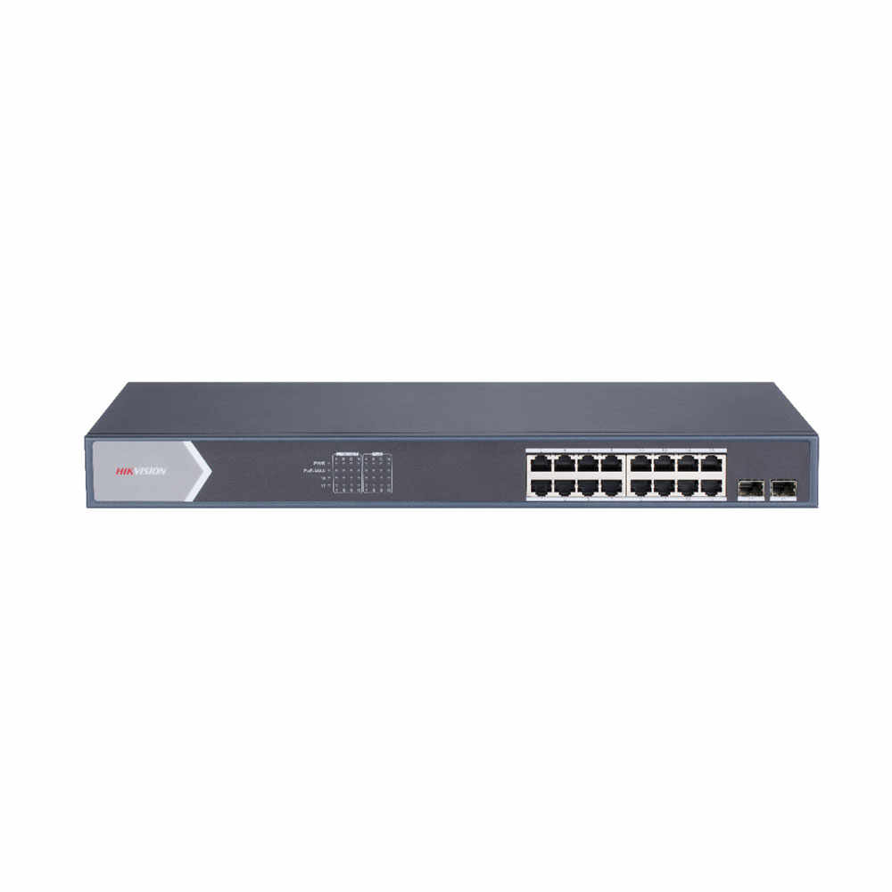 Switch cu 16 porturi Gigabit Hikvision DS-3E0518P-E/M, 2 porturi SFP, 36 Gbps, 26.784 Mpps, 8.000 MAC, PoE, fara management