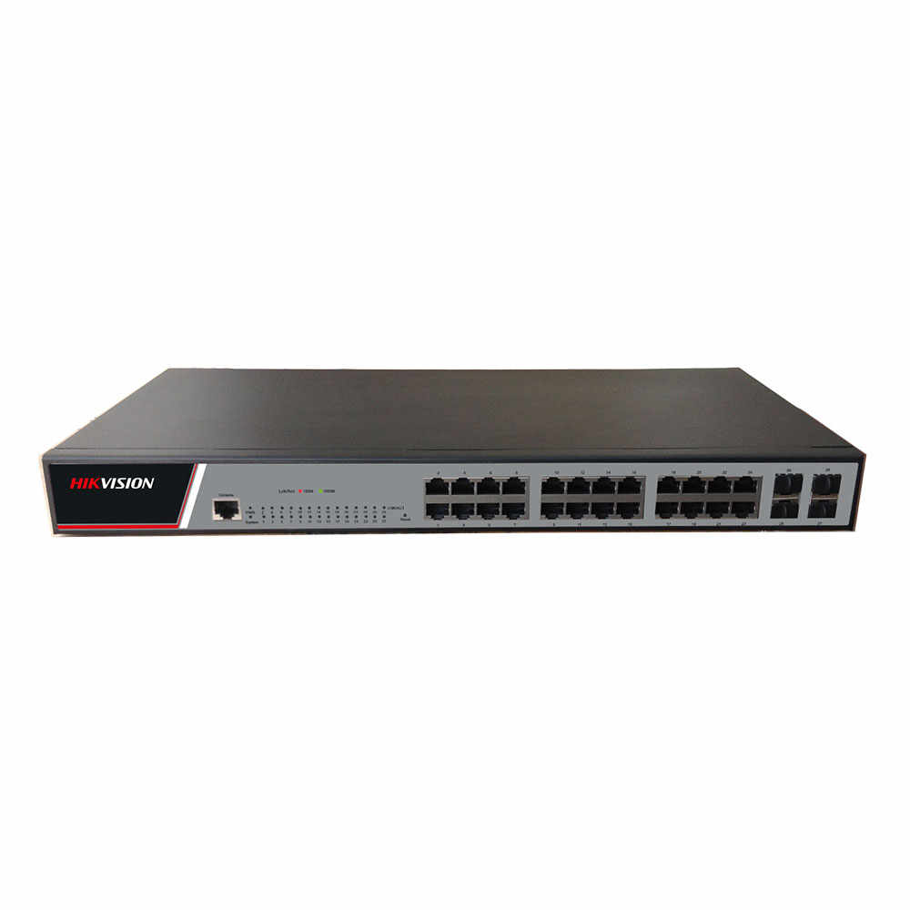 Switch cu 24 porturi Hikvision DS-3E2528, 4 porturi SFP, 1 port console, 56 Gbps, 42 Mpps, 8.000 MAC, cu management