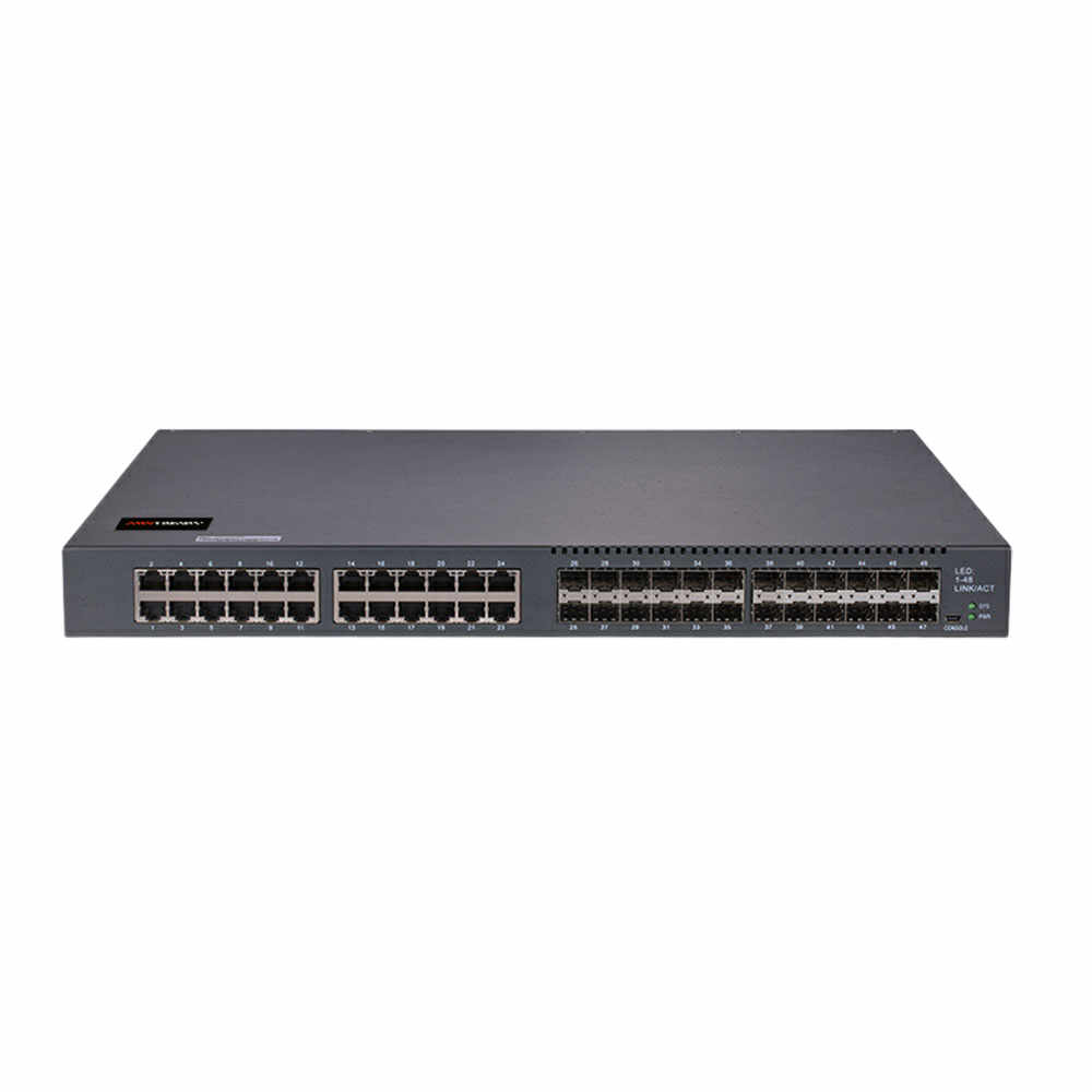 Switch cu 56 porturi Gigabit Hikvision DS-3E3756TF, 24 porturi Gigabit SFP, 8 porturi 10G SFP+, 256 Gbps, 136 Mpps, 64.000 MAC, cu management