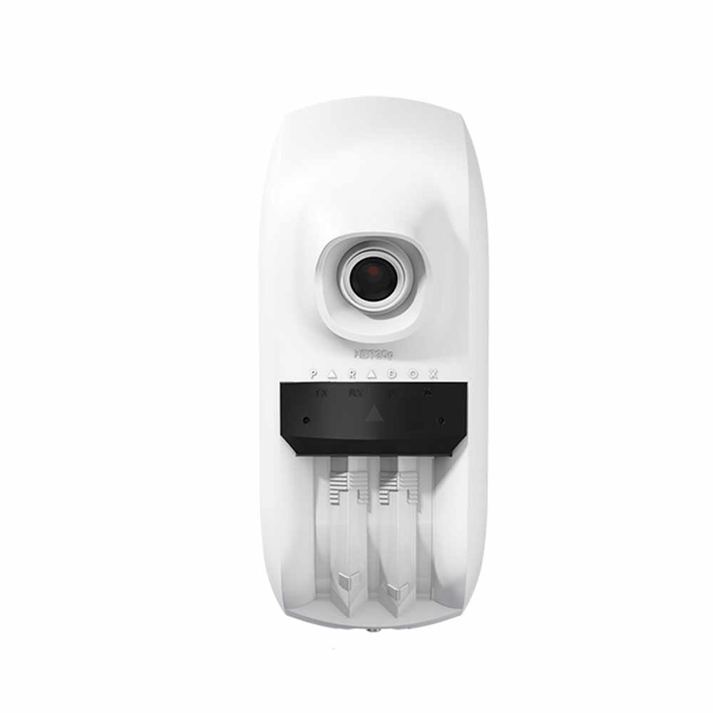 Detector de miscare exterior dual PIR cu camera video Paradox HD88, 1 MP, IR 10 m, PIR 12x12 m, 91x110 grade, Ethernet/Wi-Fi, pet immunity