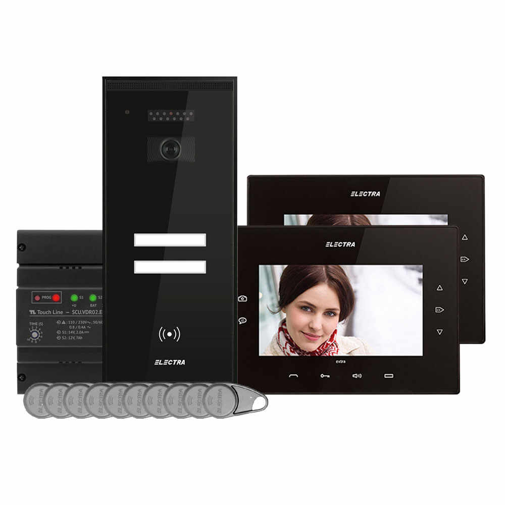 Kit videointerfon Electra Touch Line Extra VKE.P2SR.T7S9.ELB04, RFID, 2 familii, aparent, 7 inch
