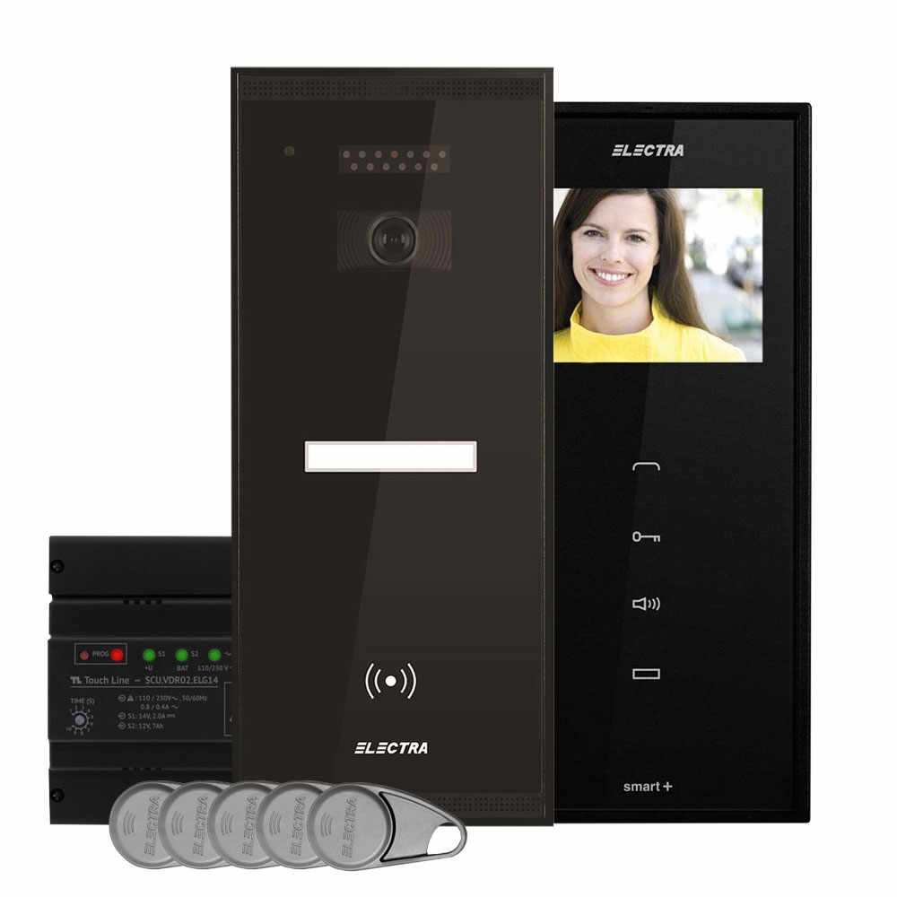 Kit videointerfon Electra Touch Line Smart+ VKM.P1SR.T3S4.ELB04, RFID, 1 familie, aparent, 3.5 inch