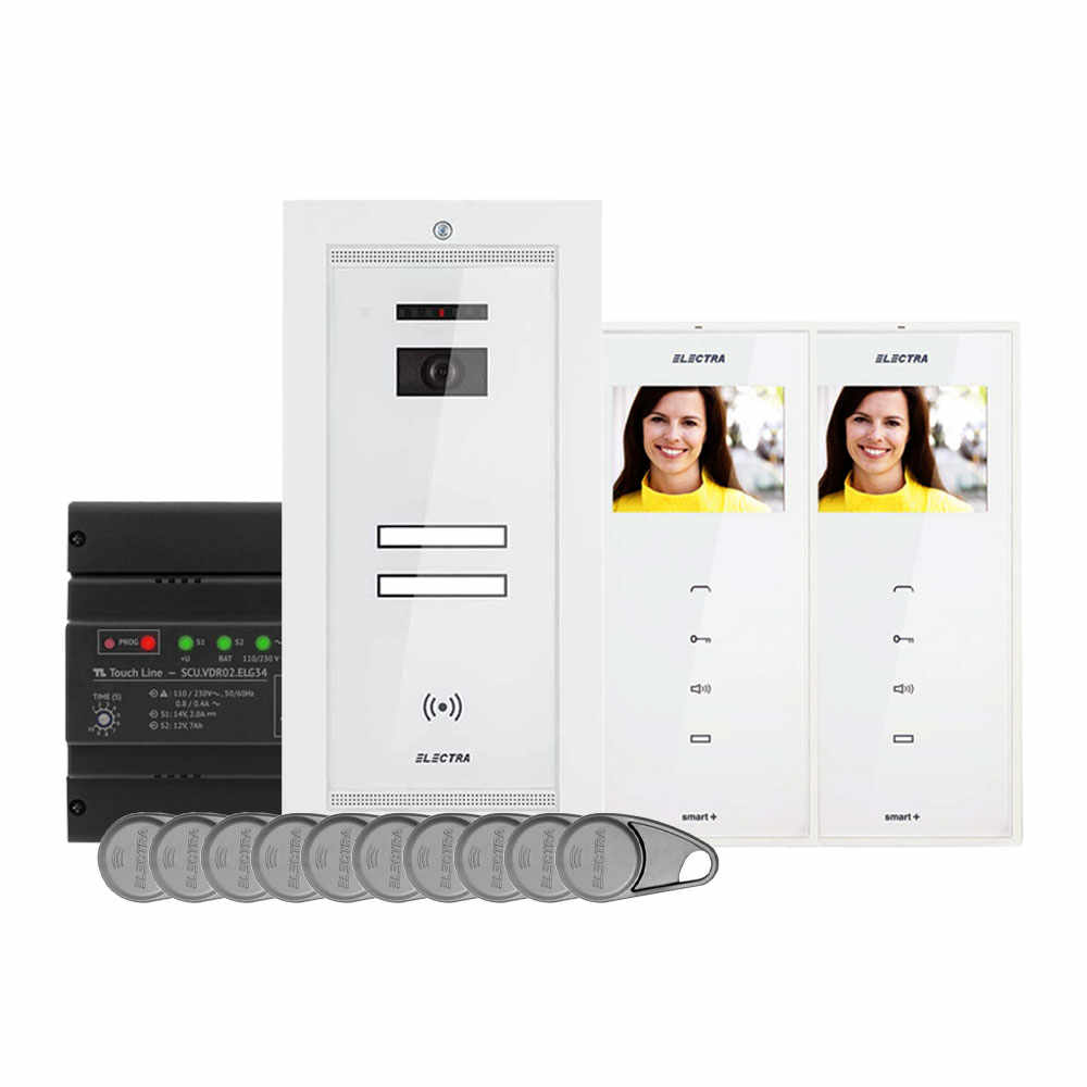 Kit videointerfon Electra Touch Line Smart+ VKM.P2FR.T3S4.ELW04, RFID, 2 familii, ingropat, 3.5 inch