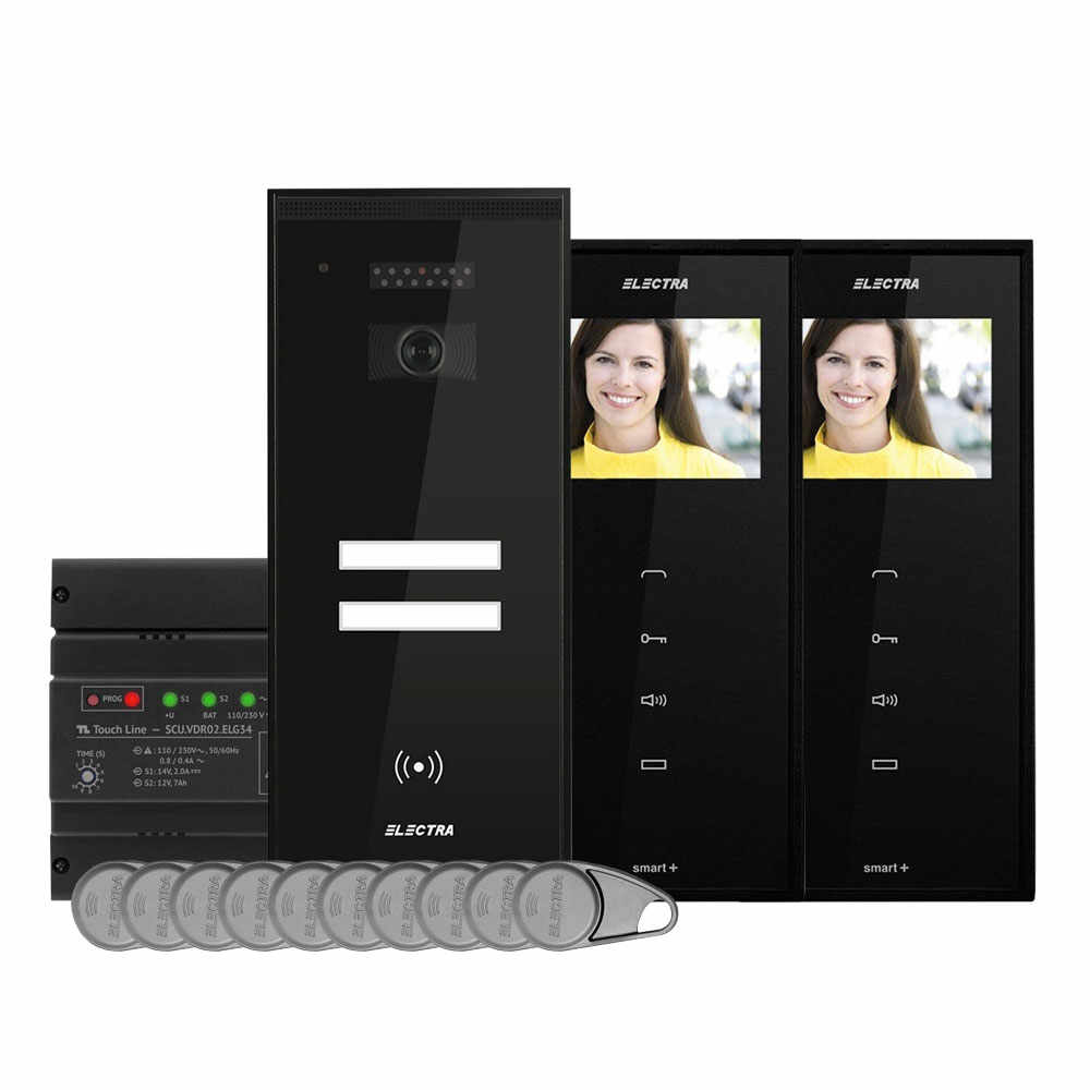 Kit videointerfon Electra Touch Line Smart+ VKM.P2SR.T3S4.ELB04, RFID, 2 familii, aparent, 3.5 inch