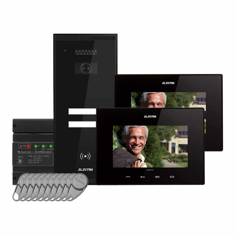 Kit videointerfon Electra Touch Line Smart+ VKM.P2SR.T7S4.ELB04, RFID, 2 familii, aparent, 7 inch