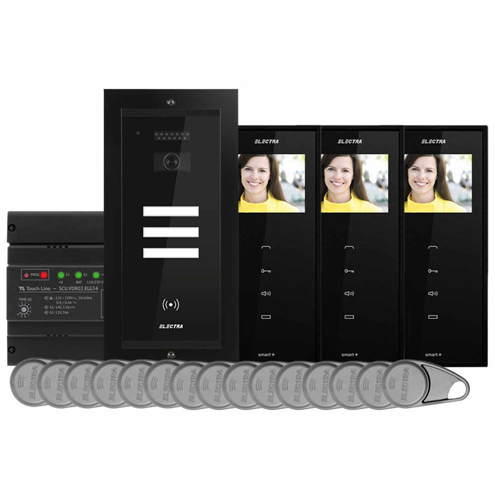 Kit videointerfon Electra Touch Line Smart+ VKM.P3FR.T3S4.ELB04, RFID, 3 familii, ingropat, 3.5 inch