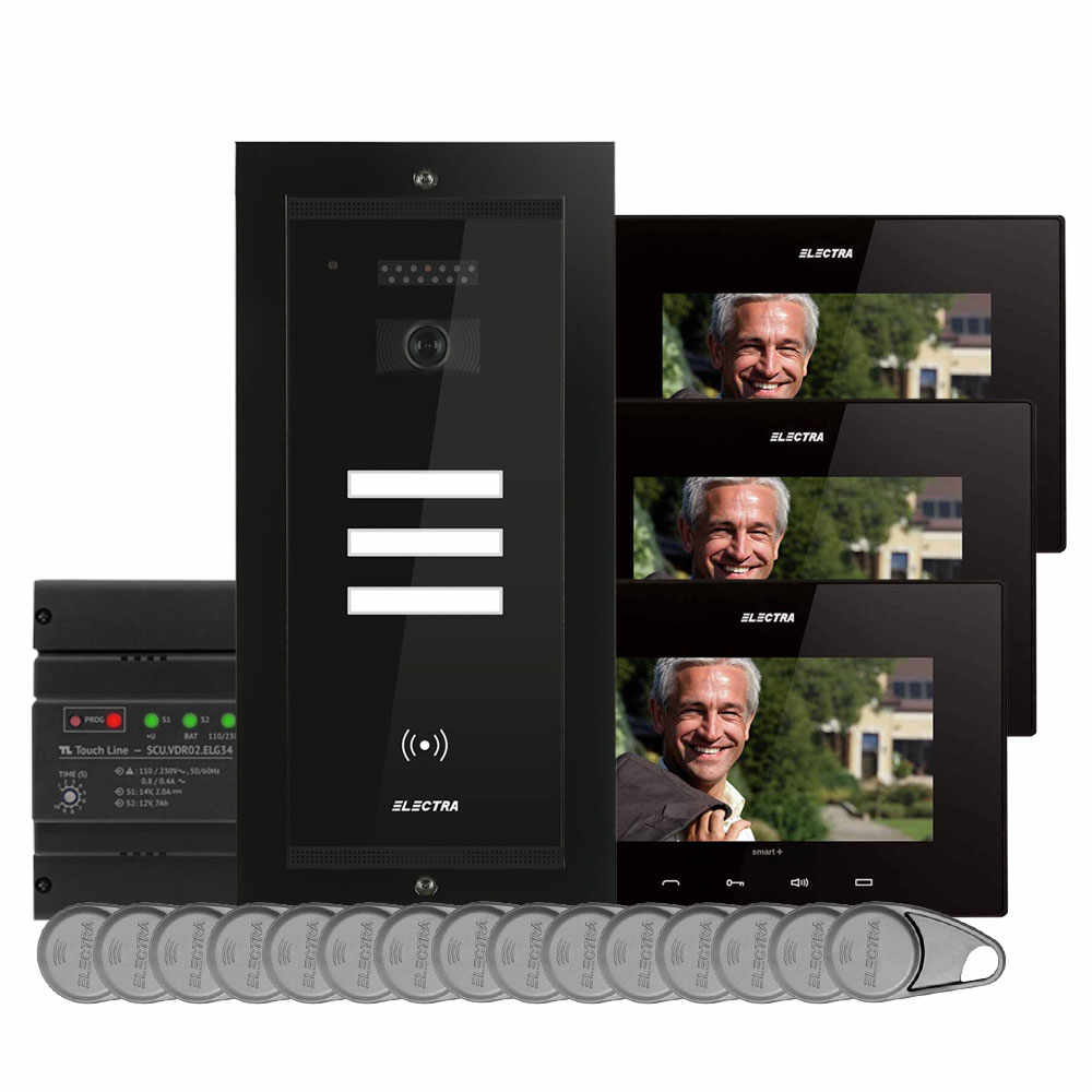 Kit videointerfon Electra Touch Line Smart+ VKM.P3FR.T7S4.ELB04, RFID, 3 familii, ingropat, 7 inch