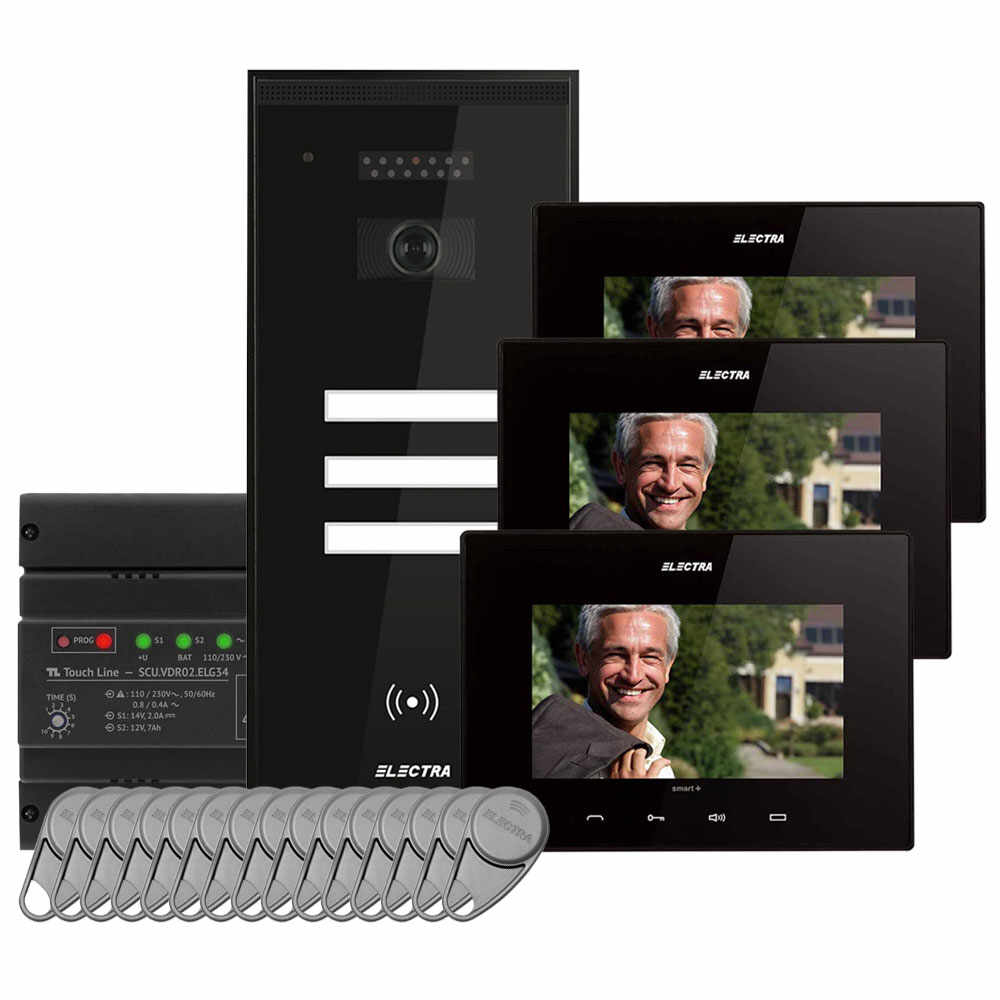 Kit videointerfon Electra Touch Line Smart+ VKM.P3SR.T7S4.ELB04, RFID, 3 familii, aparent, 7 inch