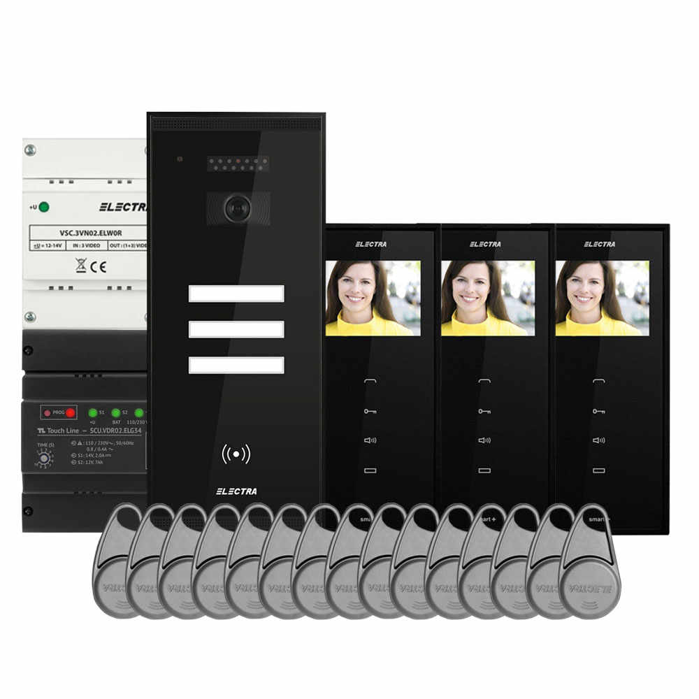Set videointerfon Electra Smart KIT.VPM.3S0.xxB(W), RFID, 3 familii, aparent, 3.5 inch