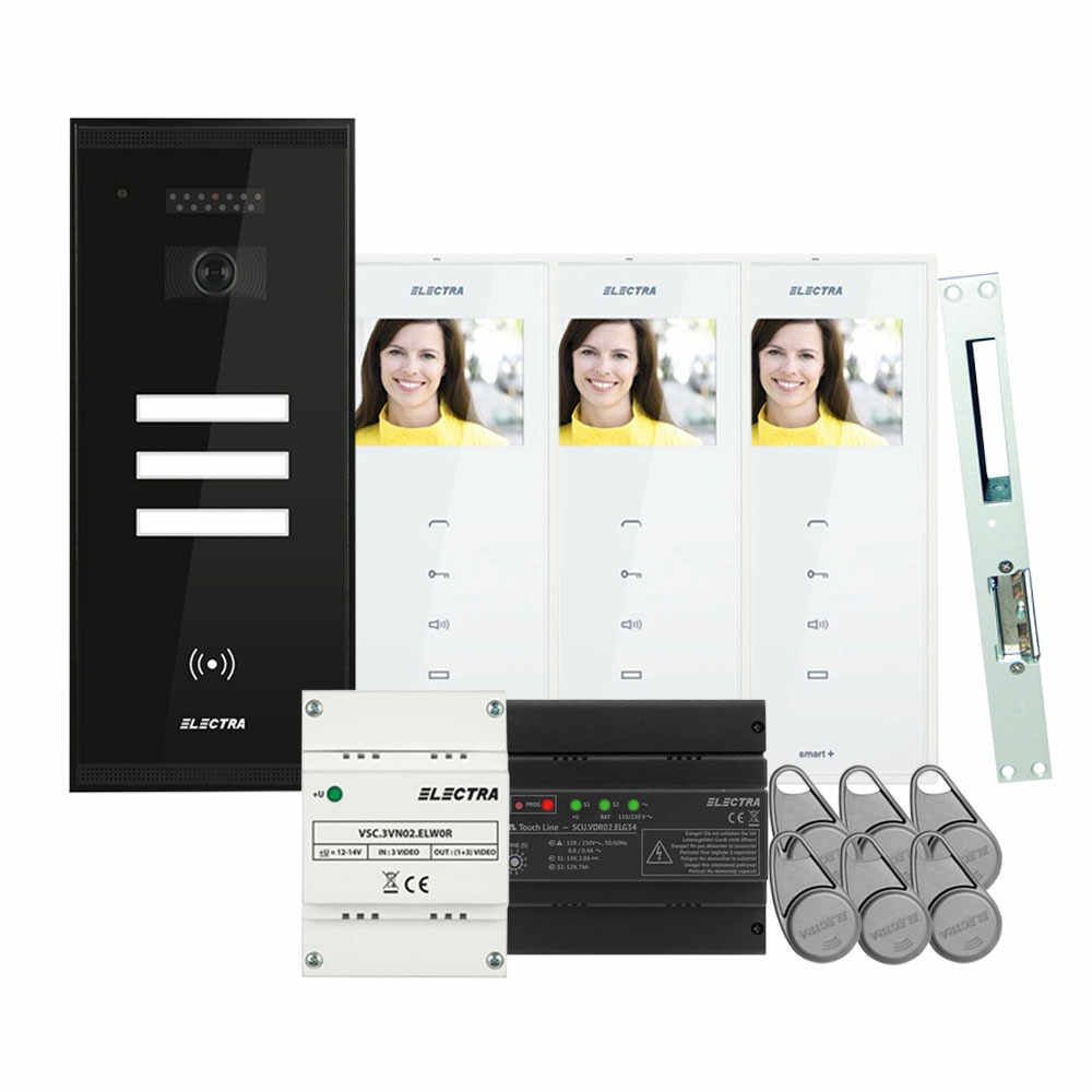 Set videointerfon Electra smart VID-ELEC-22, RFID, 3 familii, aparent, 3.5 inch