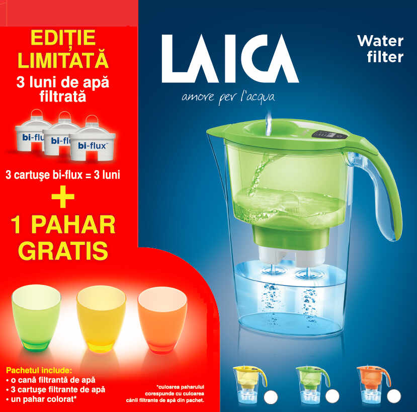 PROMO: Cana Laica Stream + 3 filtre Bi-Flux + pahar de colectie CADOU, 2,3 litri